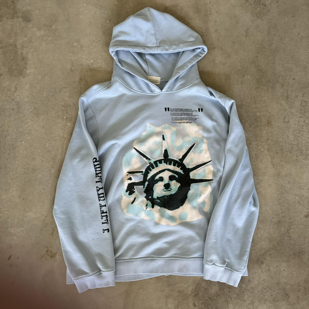 baby blue off white statue of liberty hoodie size. Depop