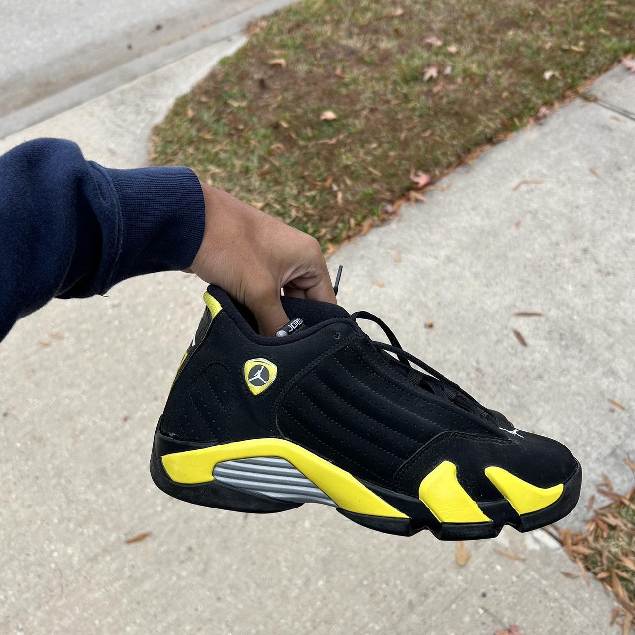 Air Jordan 14 Retro 'Thunder' GS - Black and Yellow... | Depop, image size:1280x1280