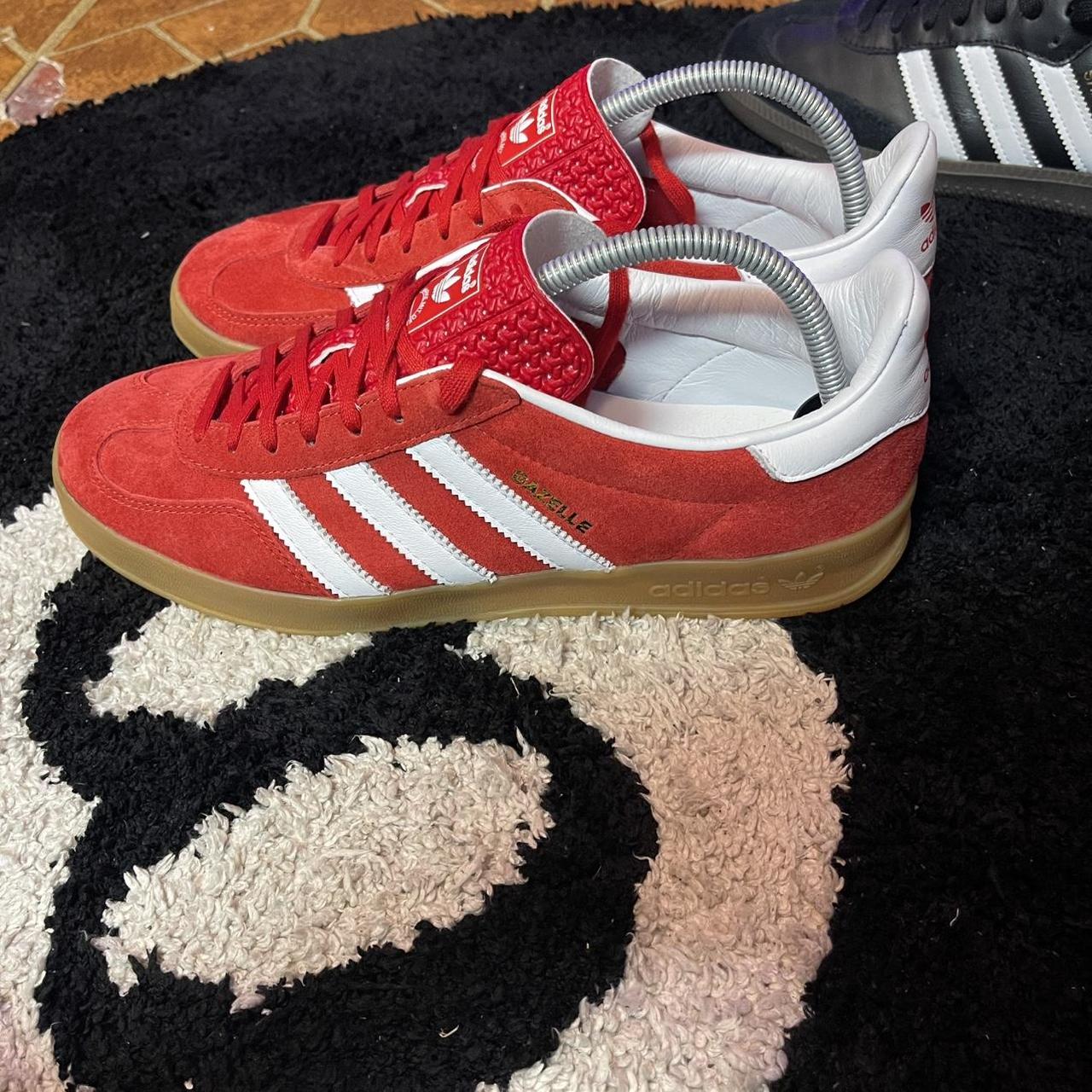 Red and white Adidas Gazelle trainers Size 9.5... Depop