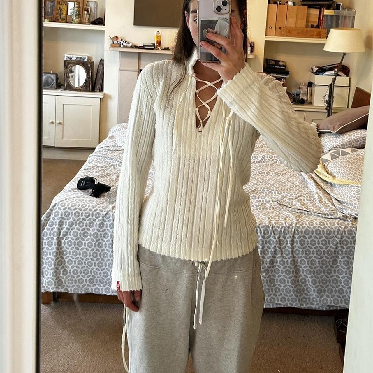 Miss Sixty cream fluffy top Lace up front Super... Depop