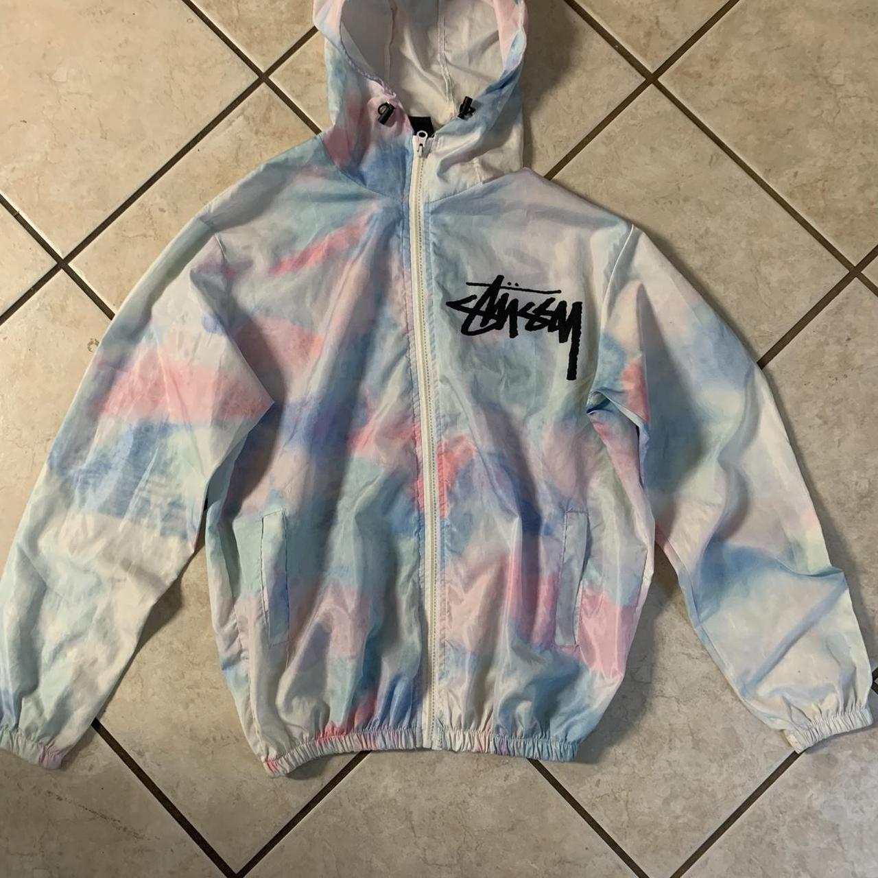 White stussy-varsity-jacket - Depop