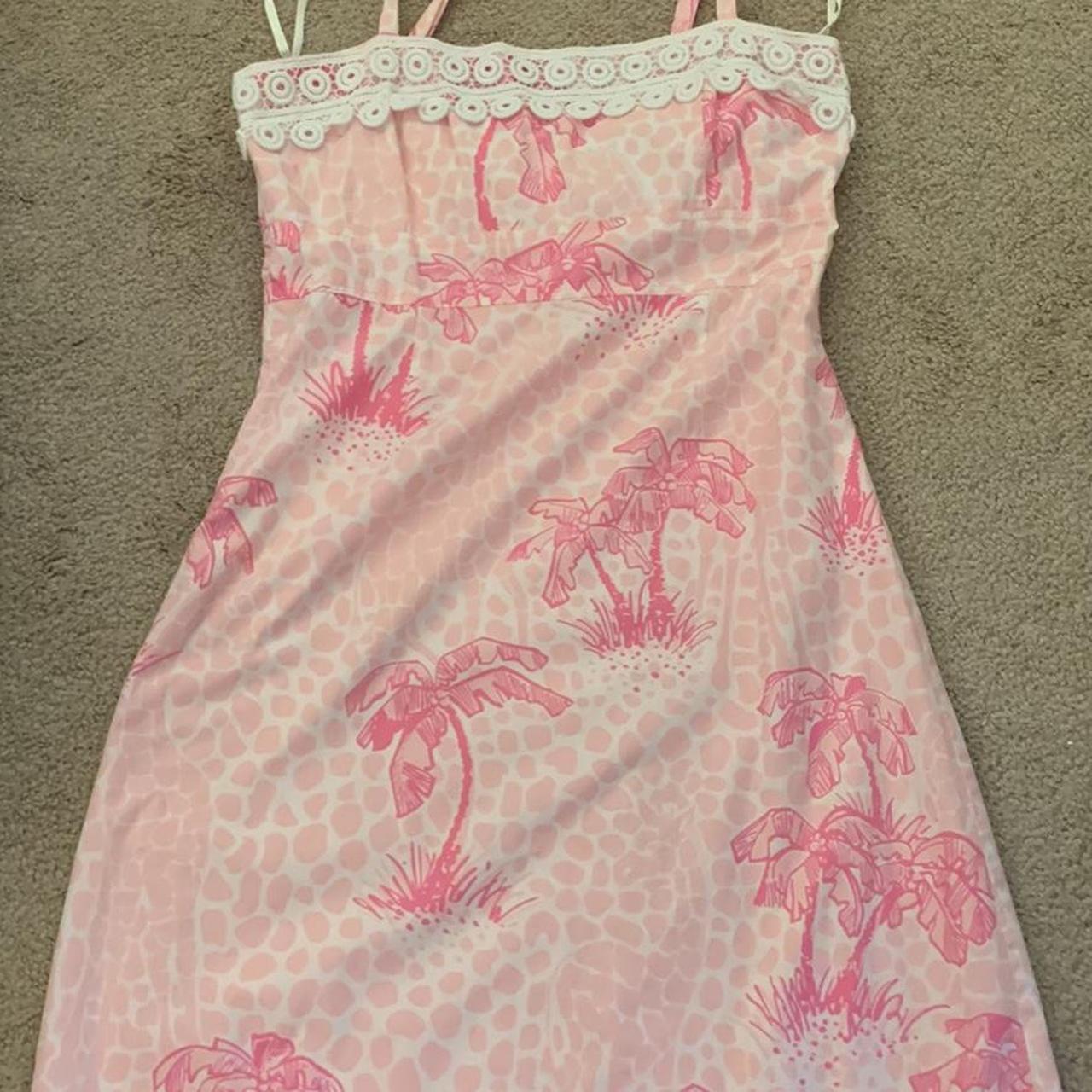 Pink and white print dress with adjustable straps... - Depop