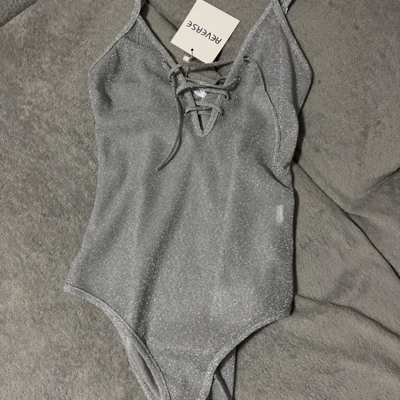 Sheer grey/shimmery reverse body suit size