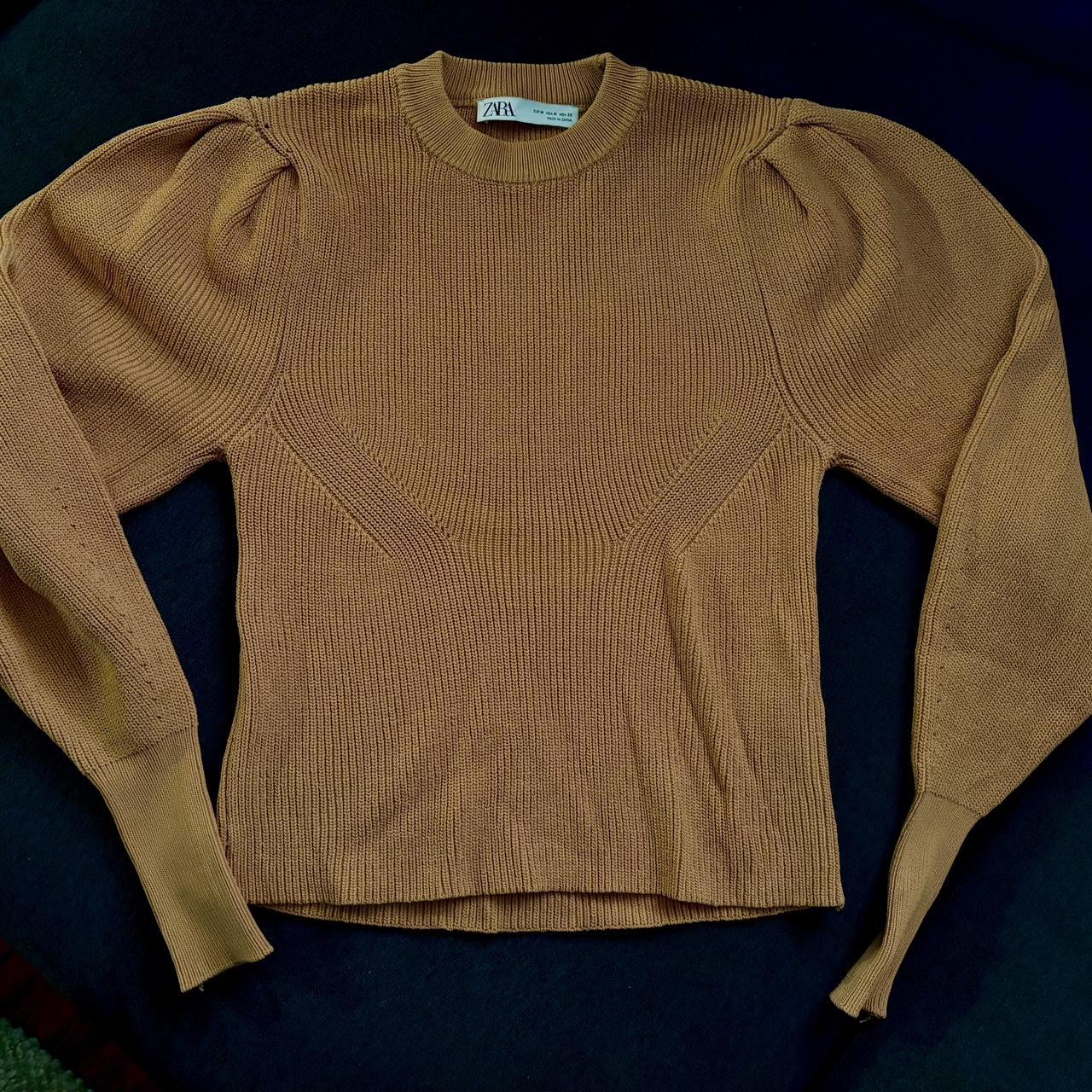 Zara camel coloured knitted bubble sleeve jumper . Depop