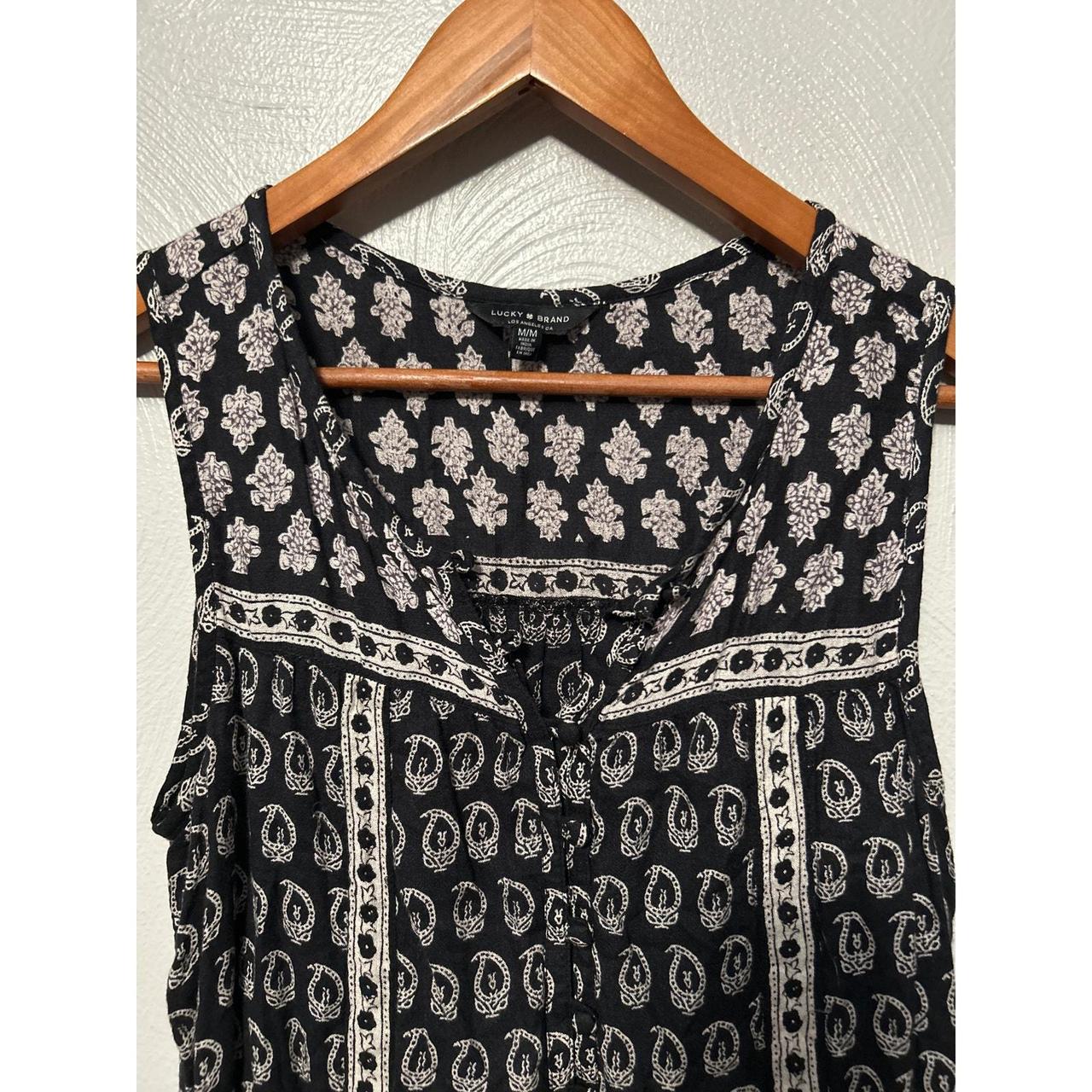 Lucky Brand Women's Black White Paisley Boho V Neck... - Depop