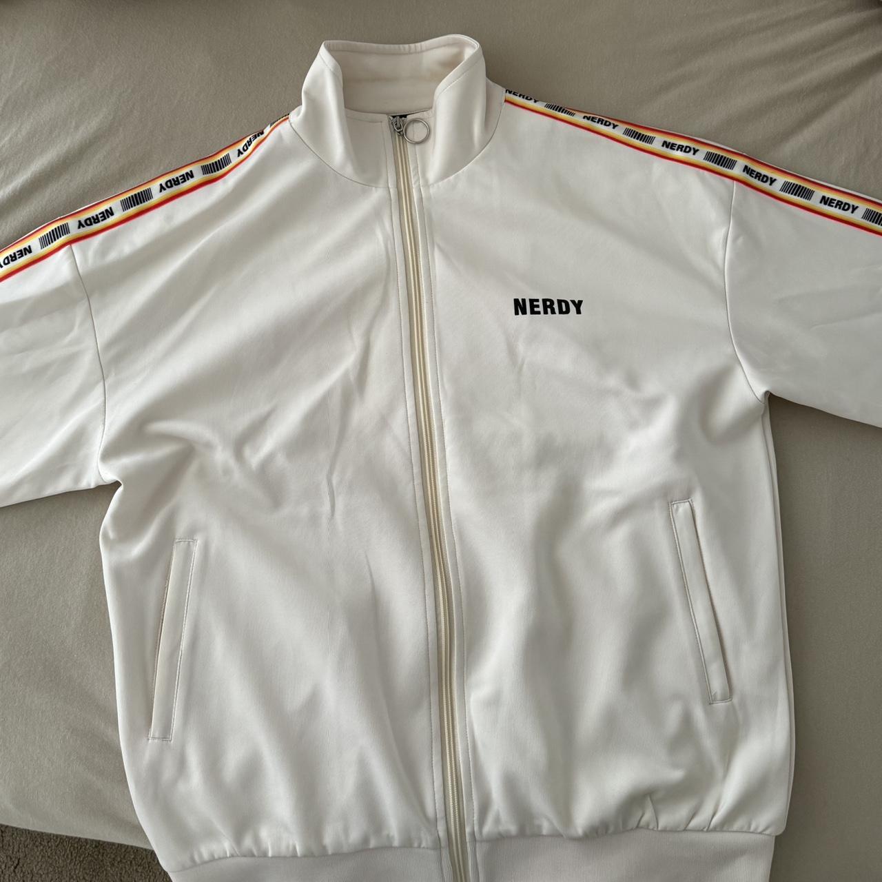 Korean brand NERDY white and multicoloured track jacket - Depop