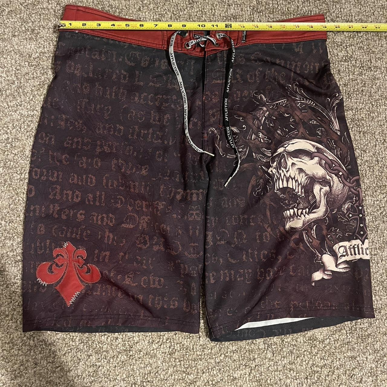 2000s Affliction black and red swim trunks Size M... - Depop