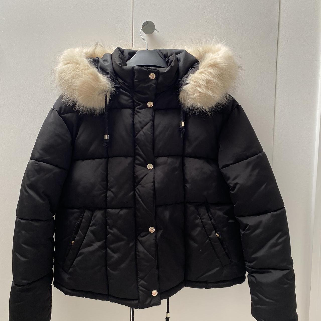 Topshop Black Puffer Coat with Fur Hood Fur on the