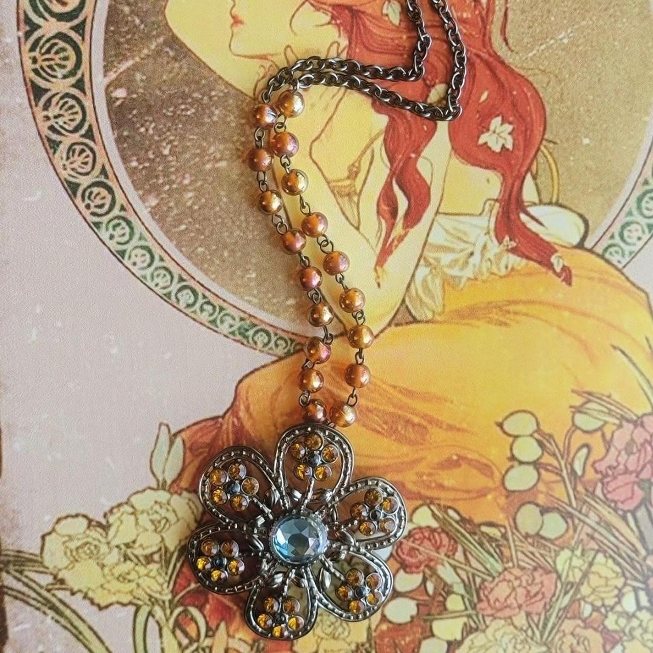 Vintage Amber Beaded Flower Medallion... Depop