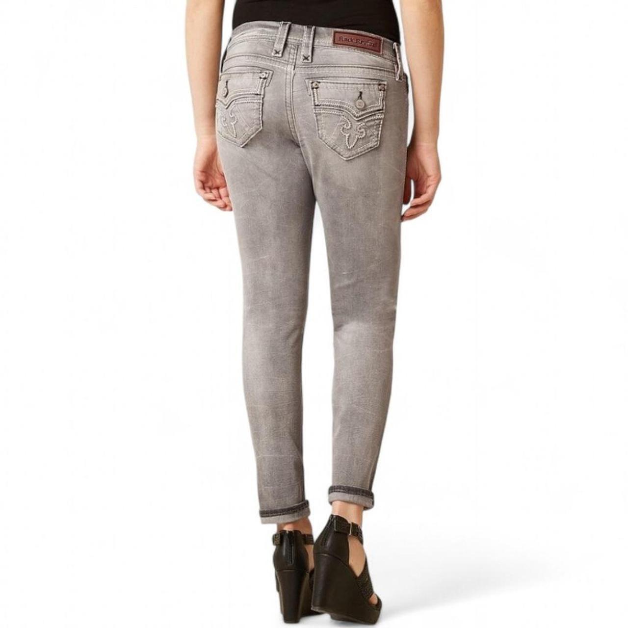 Preloved Women's Skinny Distressed Jeans - Grey - 27" – Rock Revival Distress Gray Embroidered Skinny Jeans …