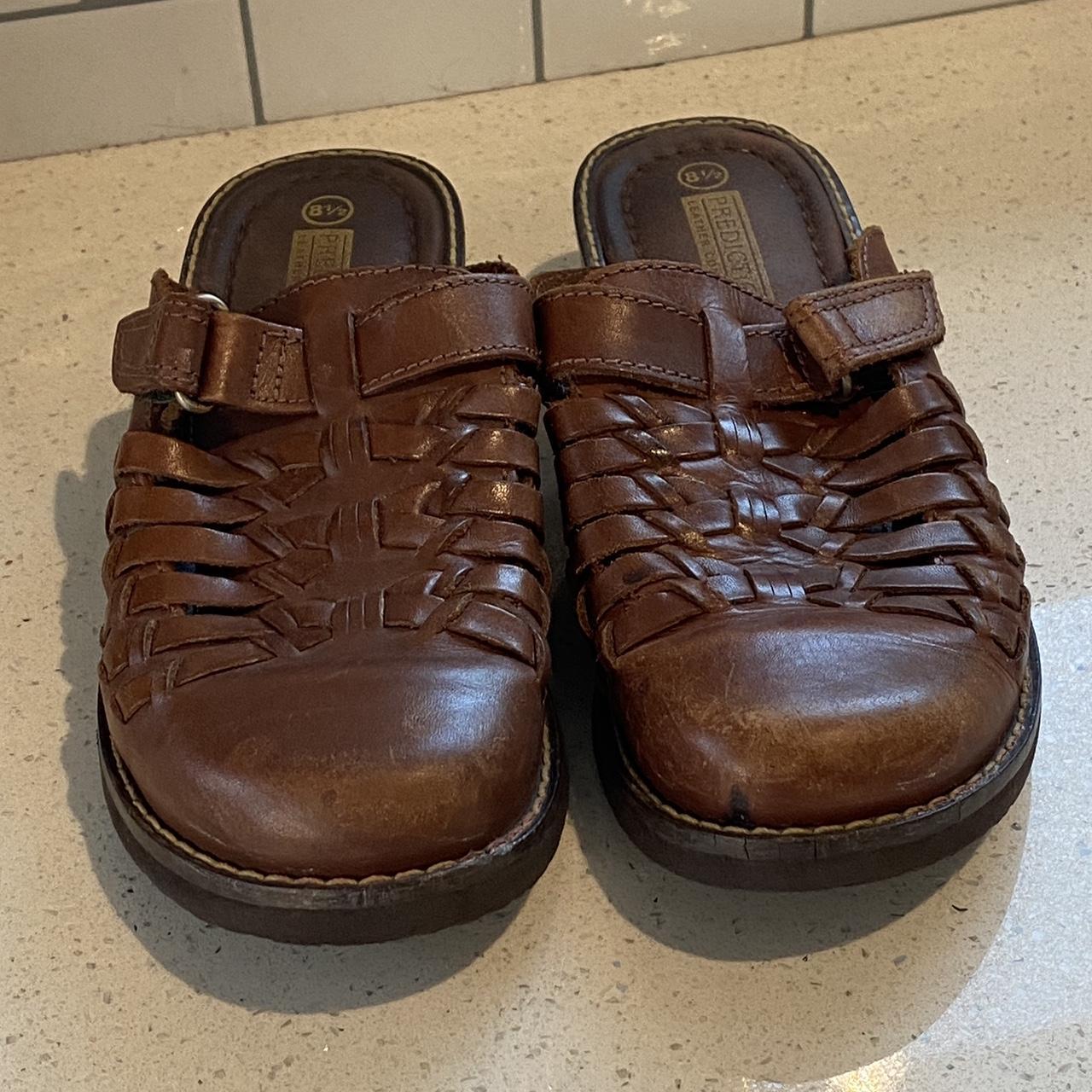 Brown leather woven heel clogs with buckle Size 8... - Depop