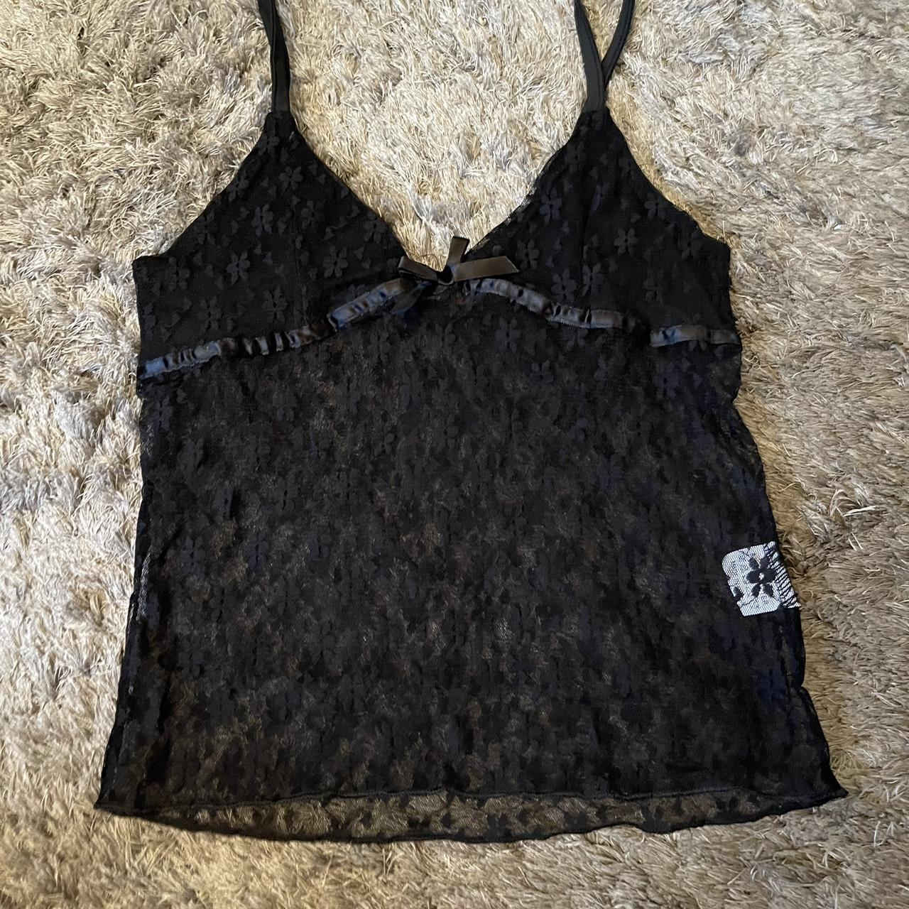 Black mesh tank top. Spaghetti straps. Lace cami... - Depop