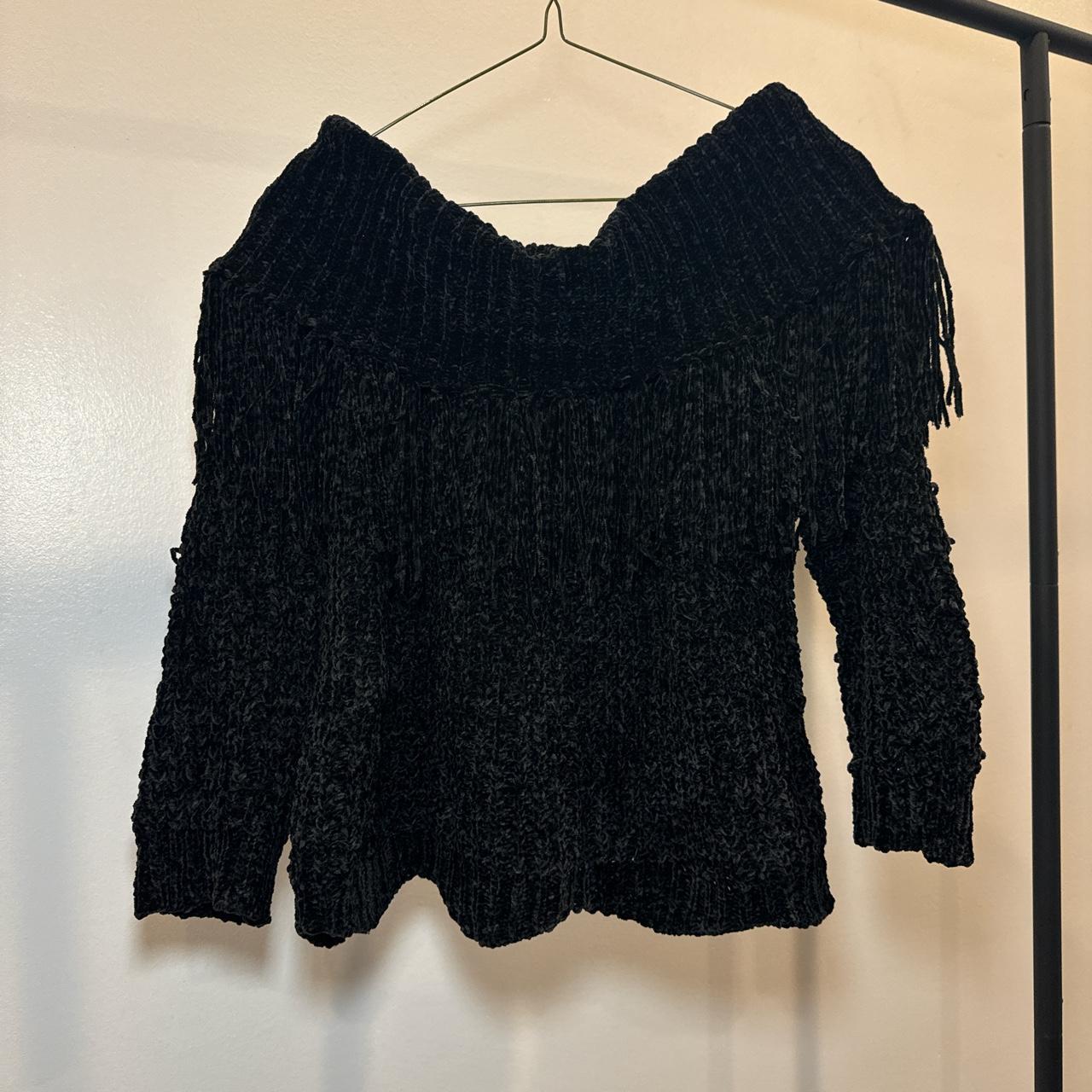 Chenille off-the-shoulder fringe sweater,