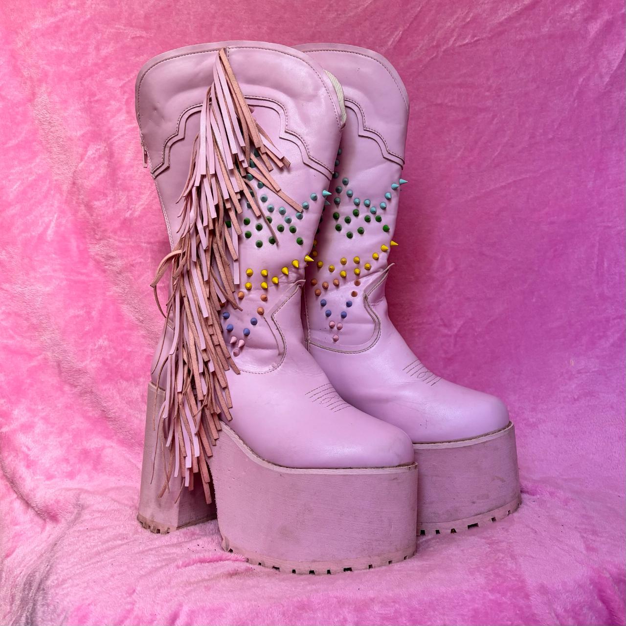 pink studded tassle chunky platform cowboy boots by. Depop