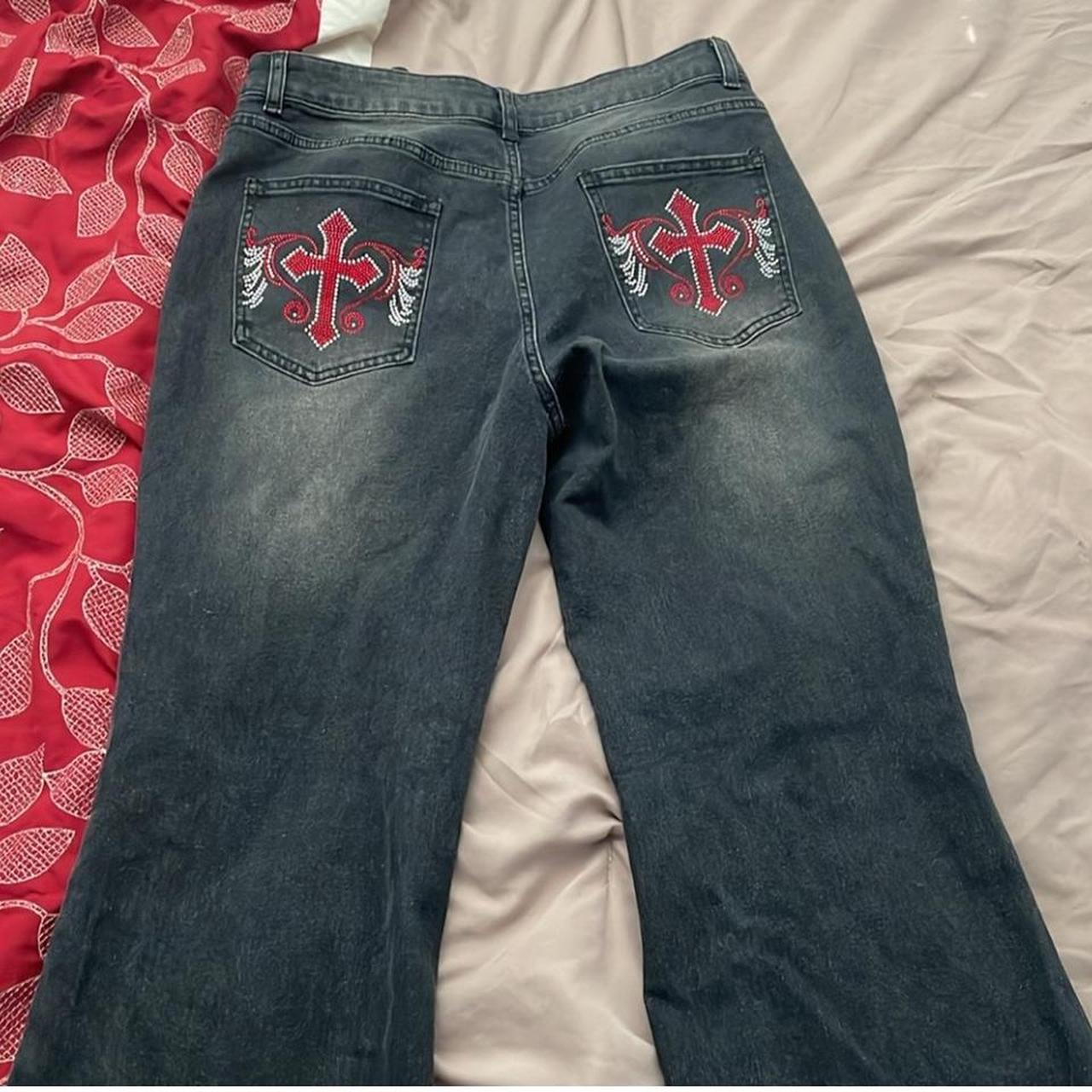 Y2k Black Flared Jeans With Cross On Back Pockets. - Depop