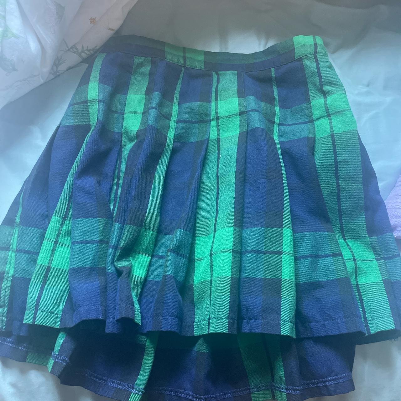 navy green black plaid pleated skirt skirt