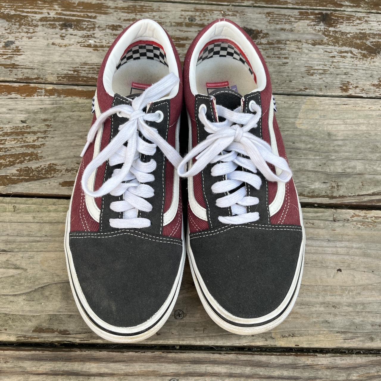 Grey maroon vans skater shoes. Moderately worn but. Depop