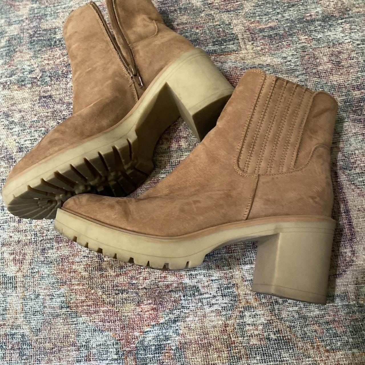 Tan and cream suede ankle boots with chunky heel