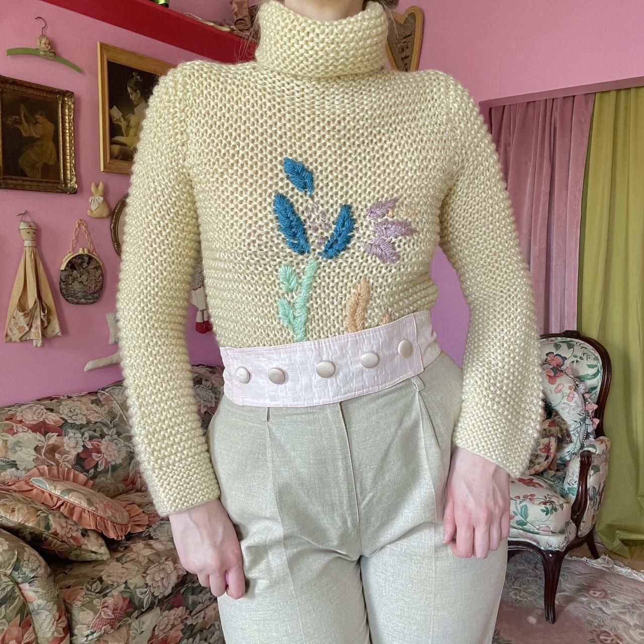 Rare Vintage Knit Sweater With Embroidered Flowers.... - Depop