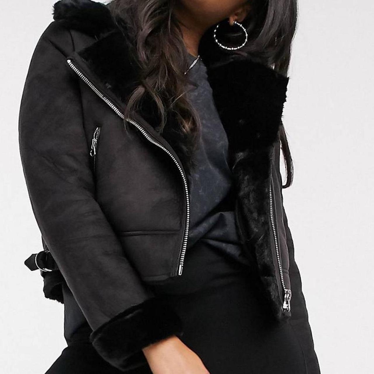 Stradivarius crop faux leather aviator jacket Depop