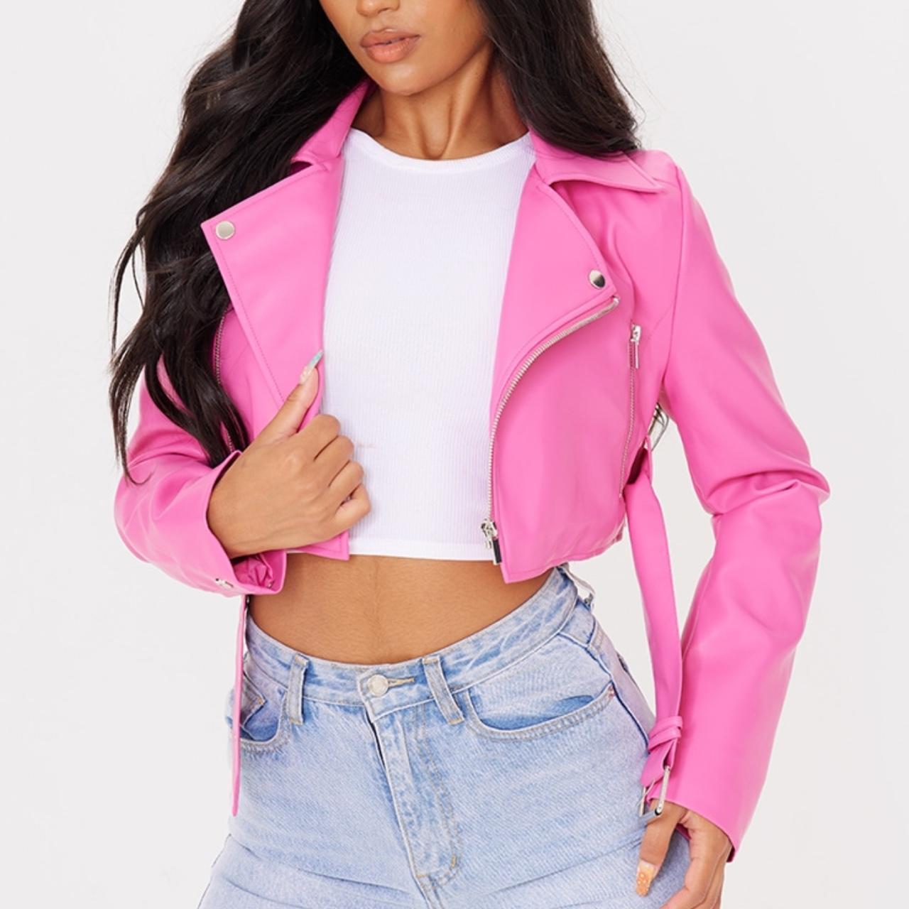 Pink leather biker jacket Prettylittlething Cute