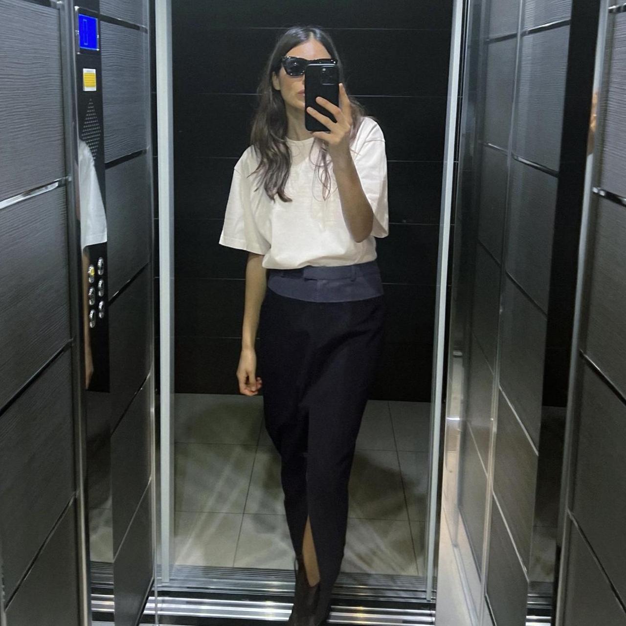 Black and denim top yoke midi skirt with a