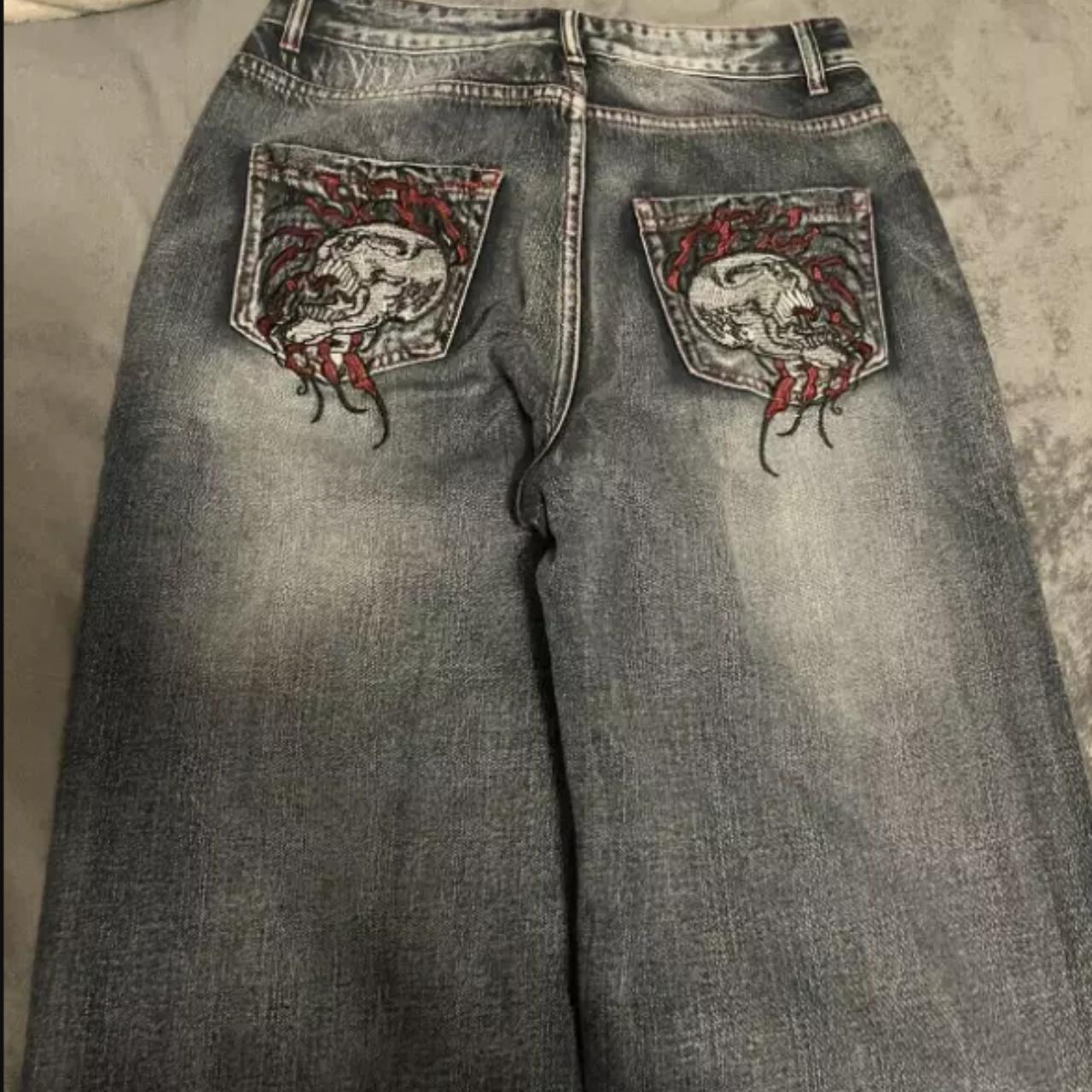 Affliction Style Jeans Skull Red Embroidery 30x30 - Depop