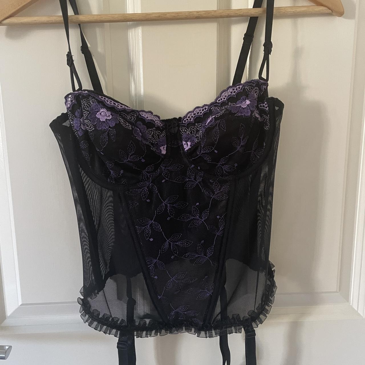 Vintage purple black floral embroidered corset… - Depop