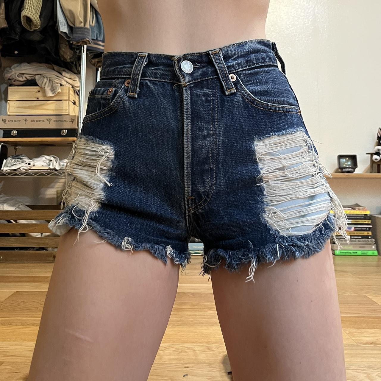 cut off denim shorts distressed dark wash denim. Depop