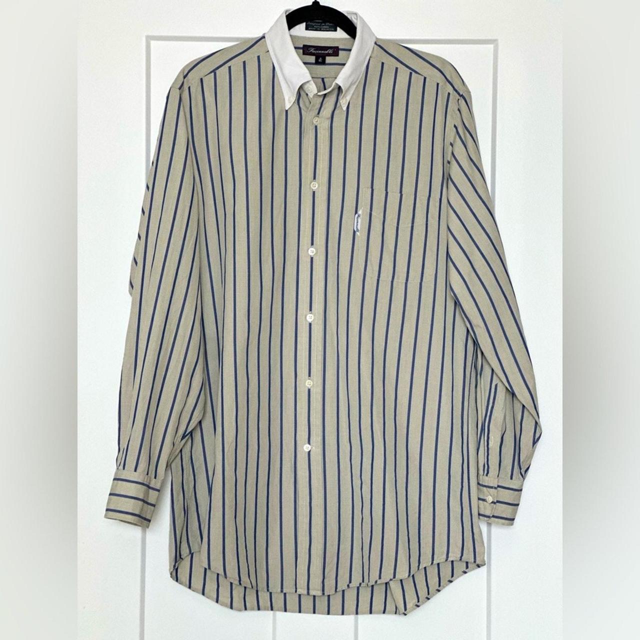 Men's Shirt - Cream/Blue - L – Faconnable Men's Classic Club Fit Striped Shirt …