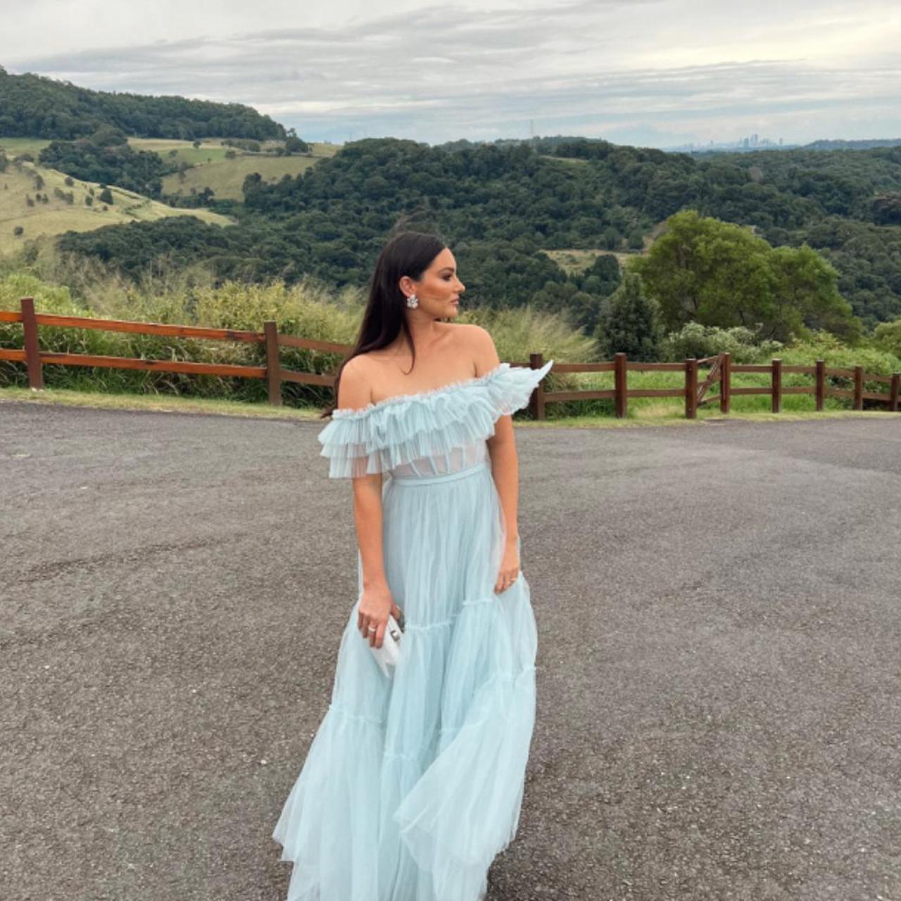 Off Shoulder Tiered Gown in Light Slate (US size