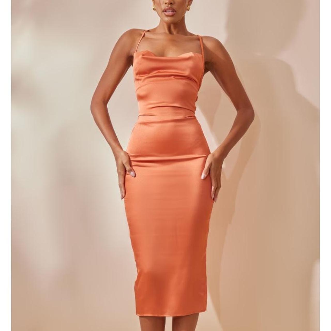 Rust strappy back cowl neck satin midi dress on sale