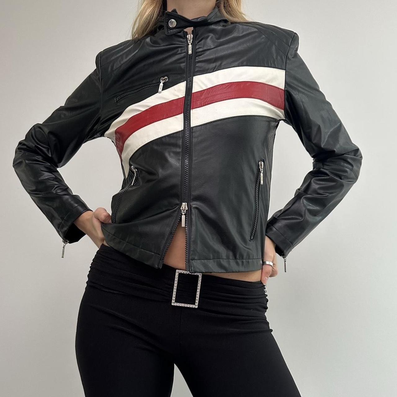 Striped leather hot sale jacket womens