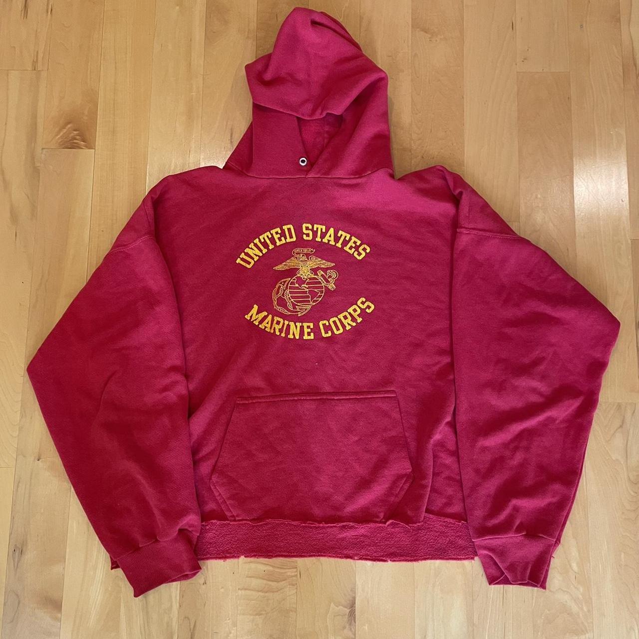 Vintage VelvaSheen USMC hoodie. Raw hem. Boxy fit. - Depop