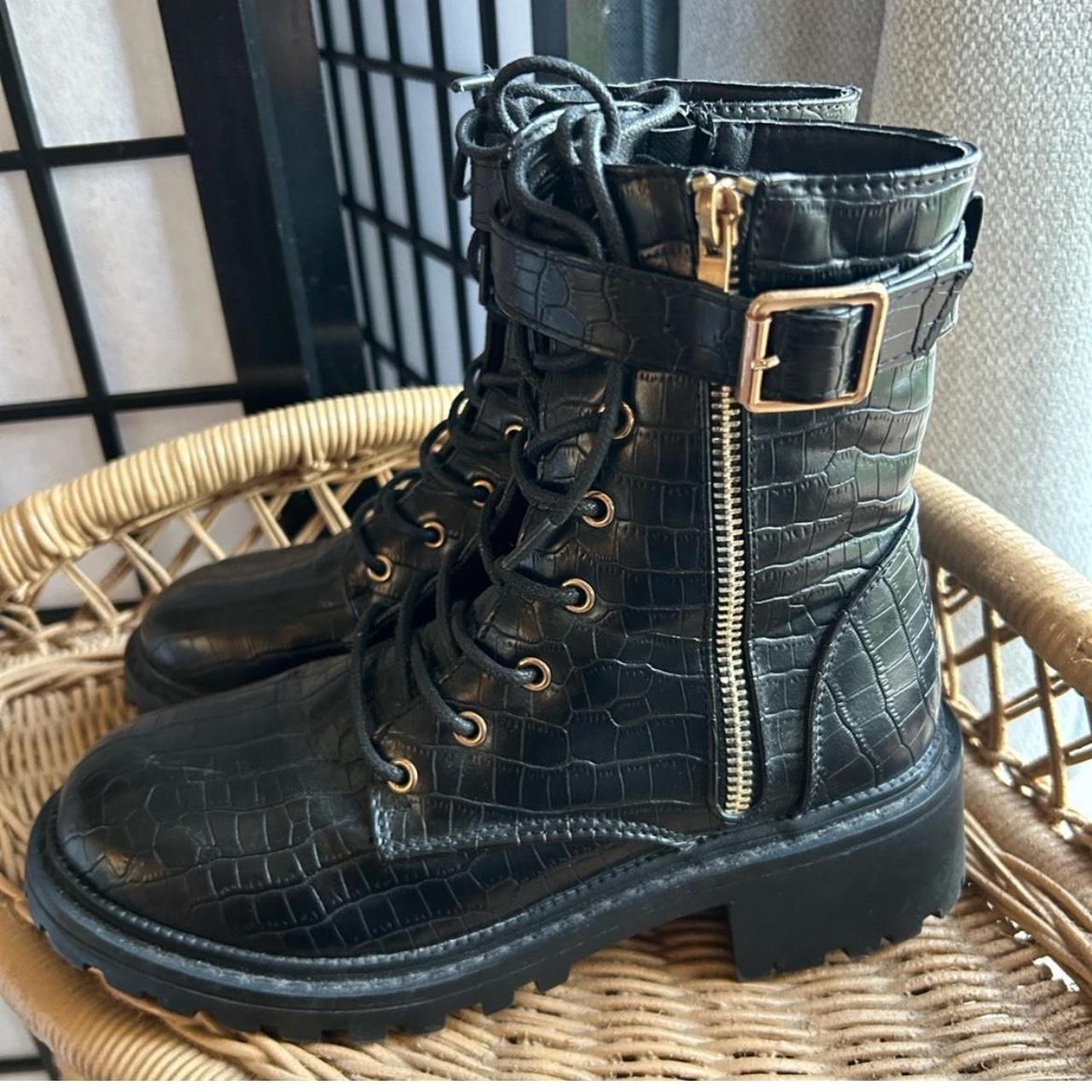 Catherine Malandrino Black Lace Up Zip Buckle Combat Depop