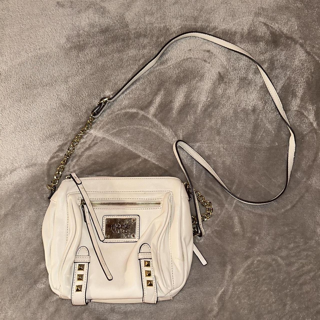 Nicole Miller cream crossbody purse with gold. Depop