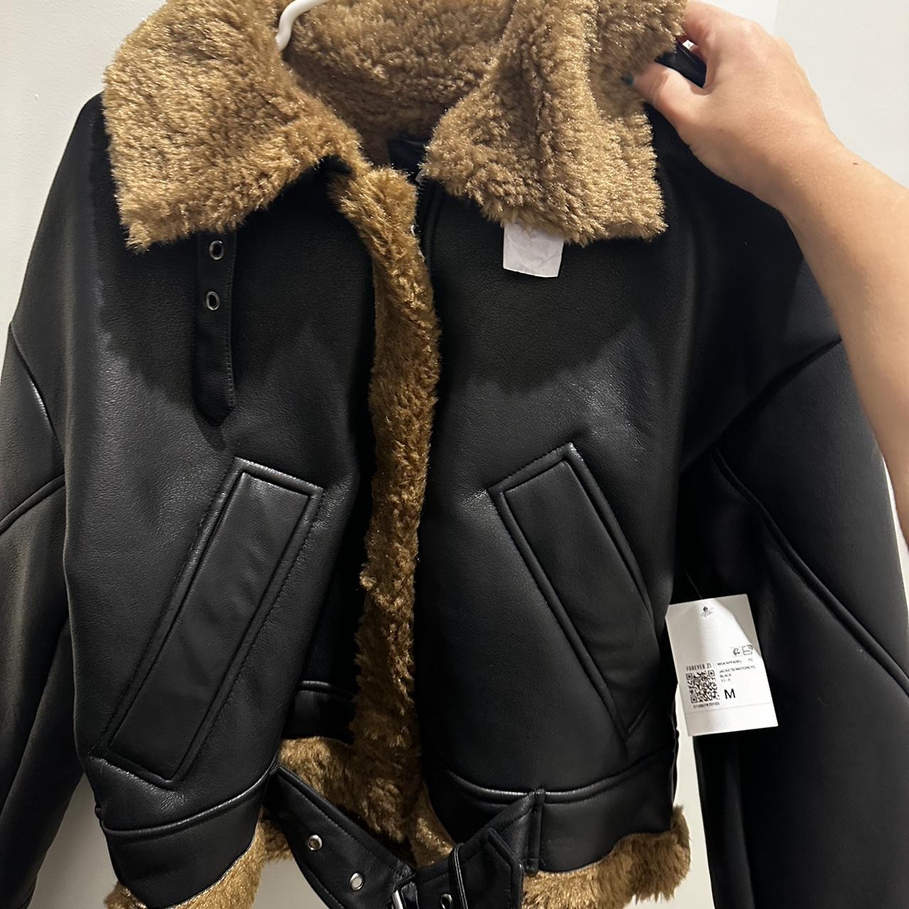 Forever 21 Women's Jacket Black/Brown M – faux shearling trim