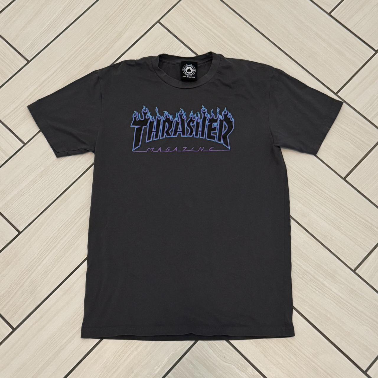 Thrasher Grey and purple flame tee. Depop