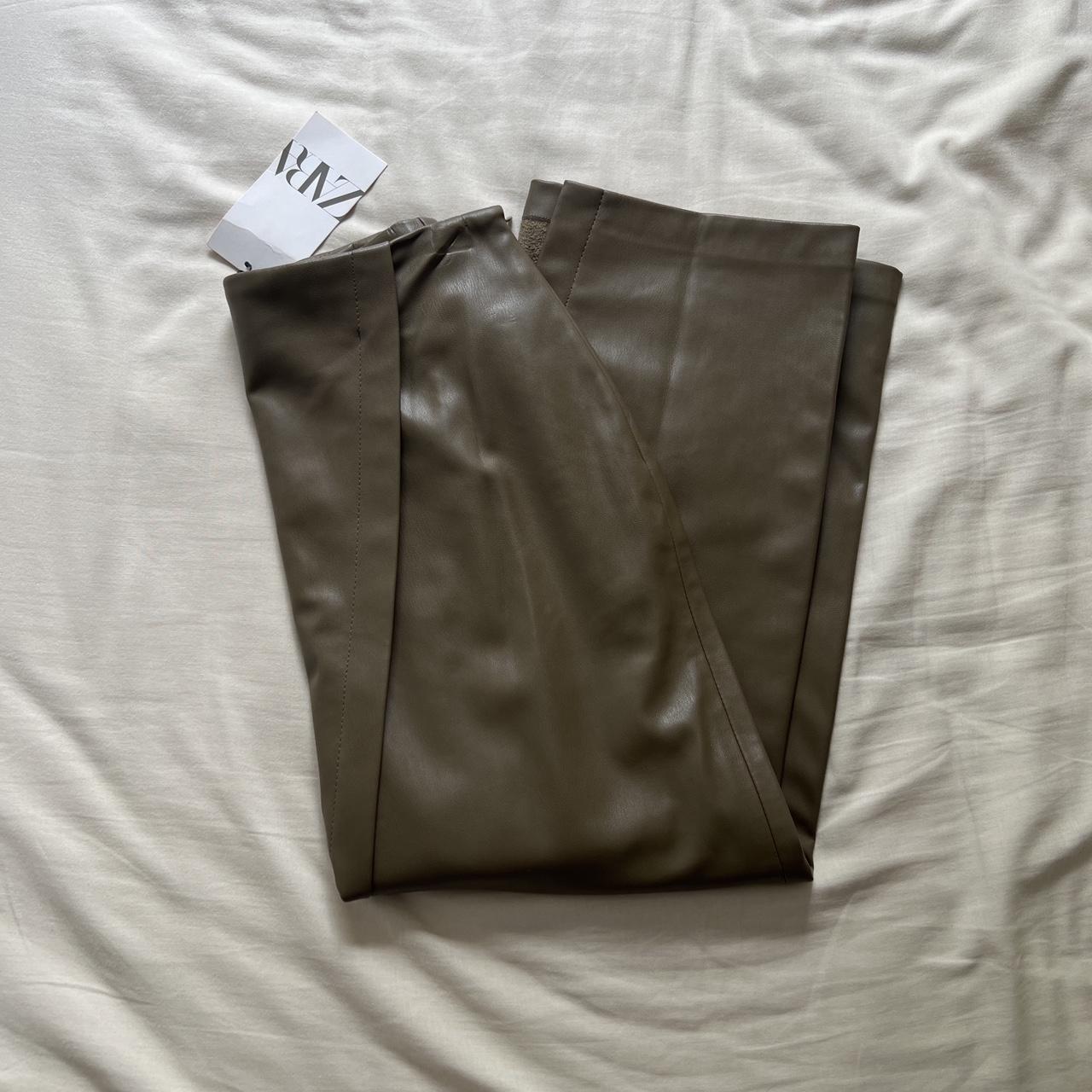 Zara Olive/Khaki Green Leather Midi skirt with