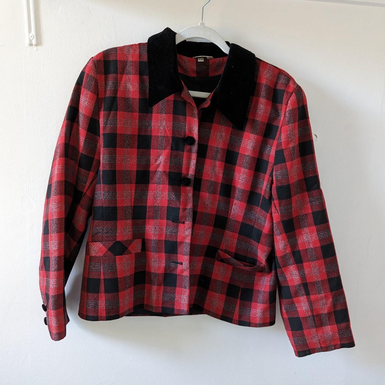 Red plaid jacket with black velvet collar from Klass. Depop