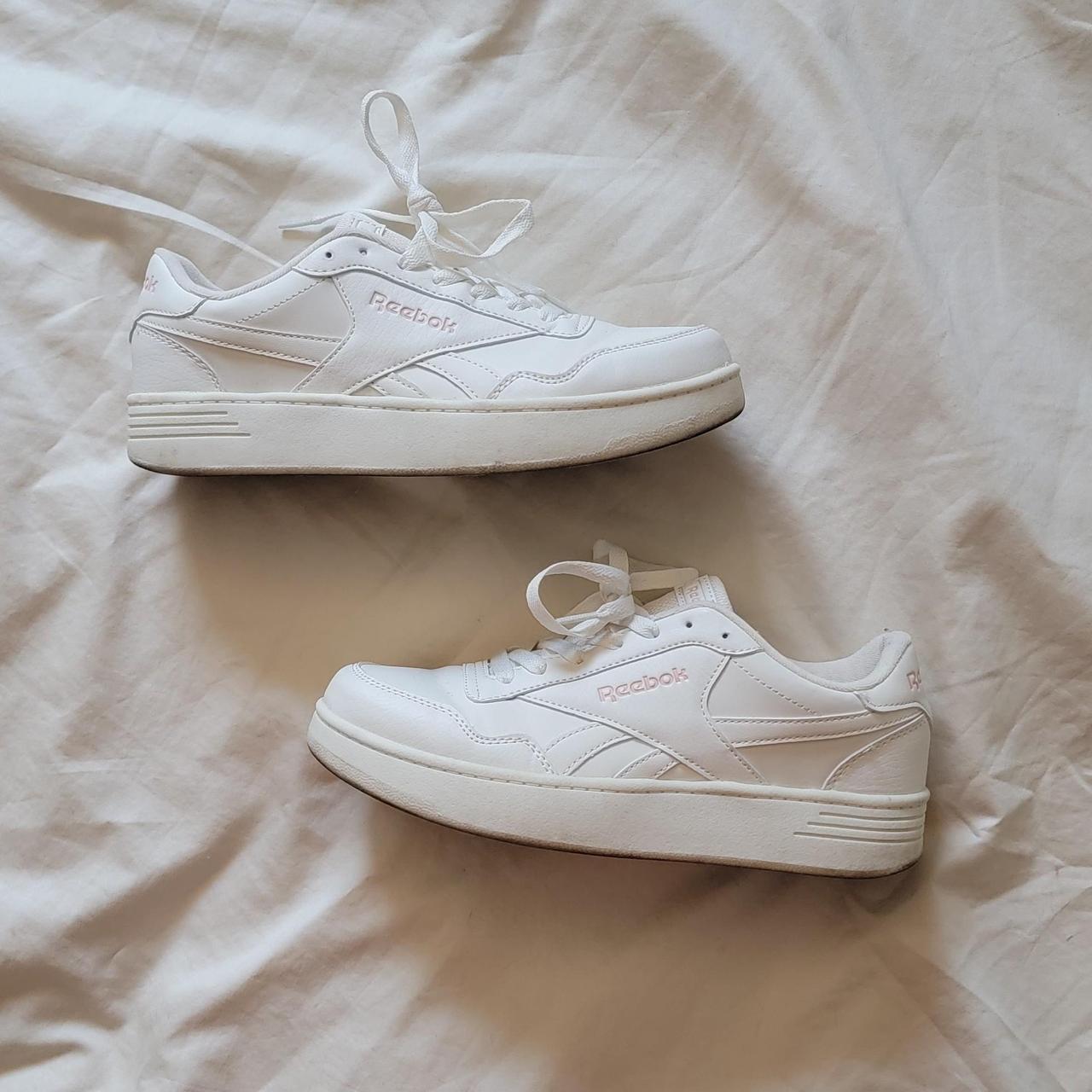 Size 5 reeboks. Plain white with pink label. Lightly. Depop