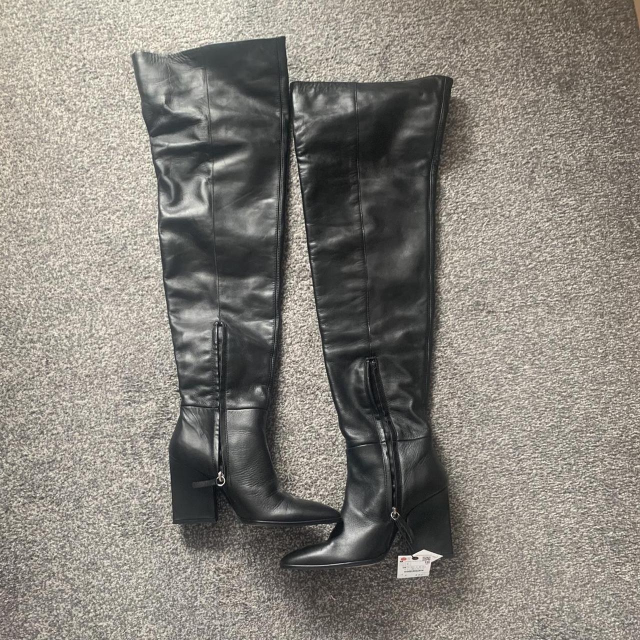 Zara black thigh high leather boots with geometric... - Depop