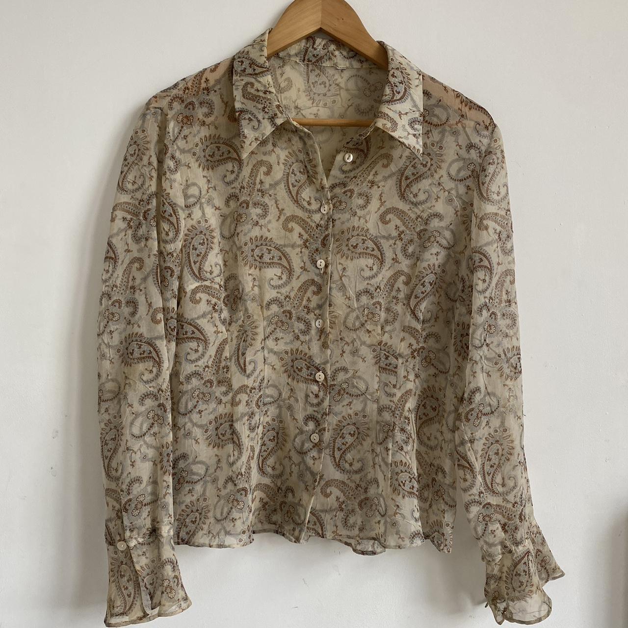 Brown/cream floral sheer shirt Vintage Excellent... - Depop