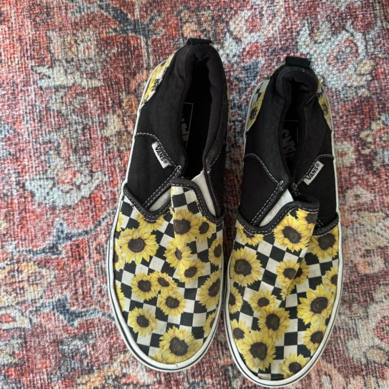 Vans yellow and black sunflower checkerboard slip on. Depop