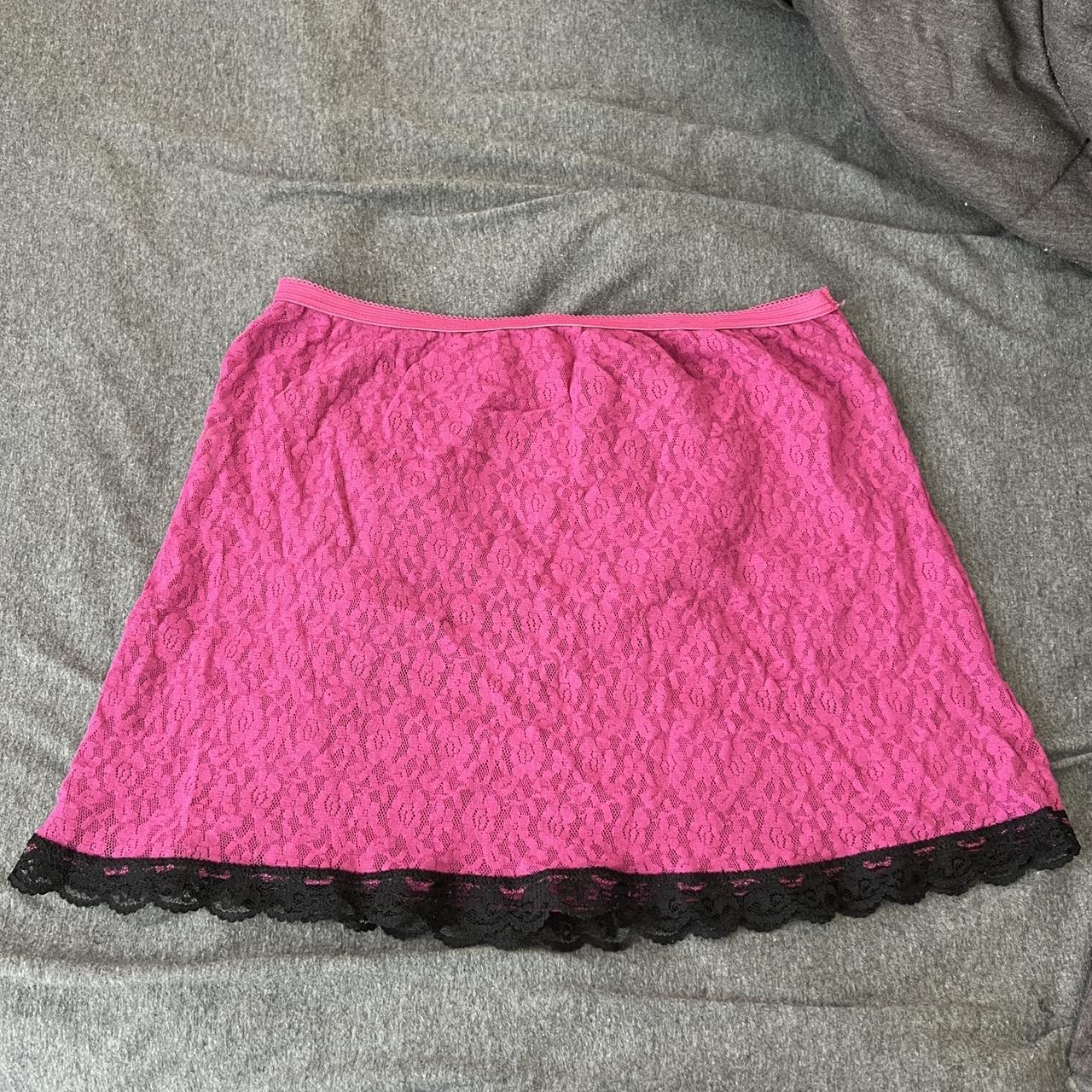 CUTEST vintage hot pink lace skirt with black trim,... - Depop