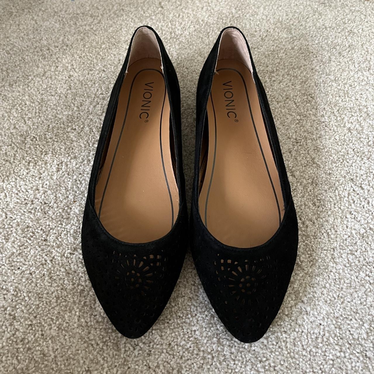 Vionic Black Suede Flats Size 7 Floral cut out... - Depop