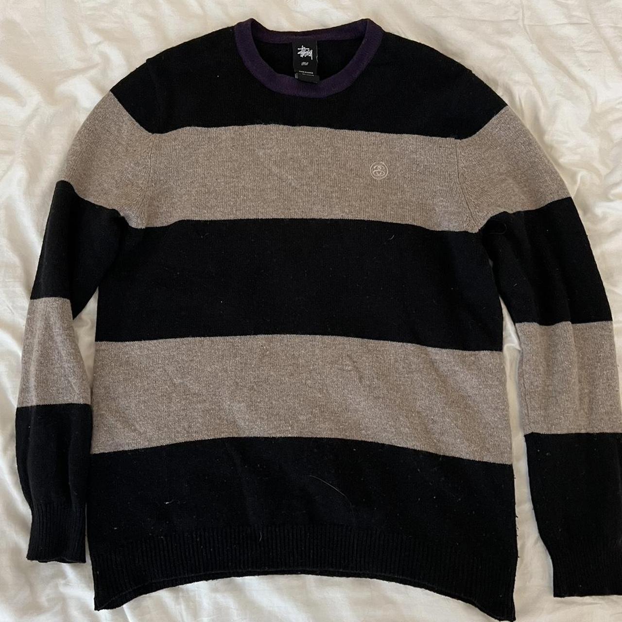 Black and Grey Striped Stussy knit jumper/sweatshirt... - Depop