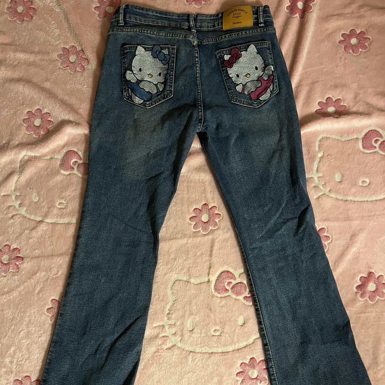 bootcut hello kitty embroidery on the jean... - Depop