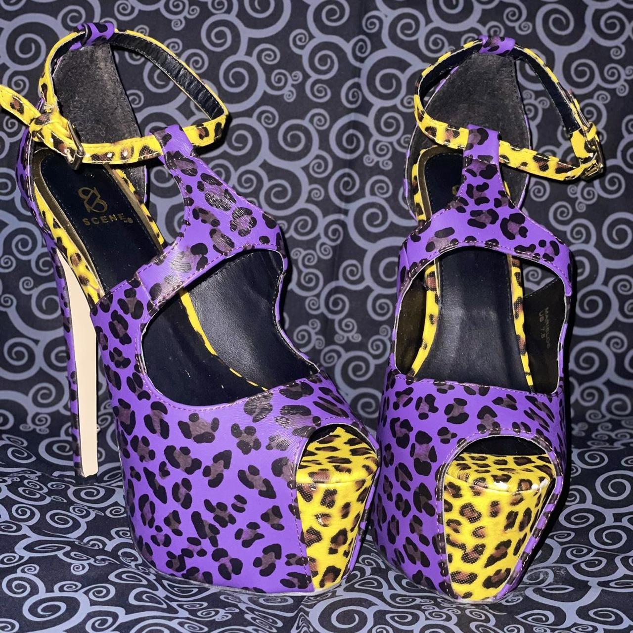 Purple and yellow leopard print heels with a 4 inch