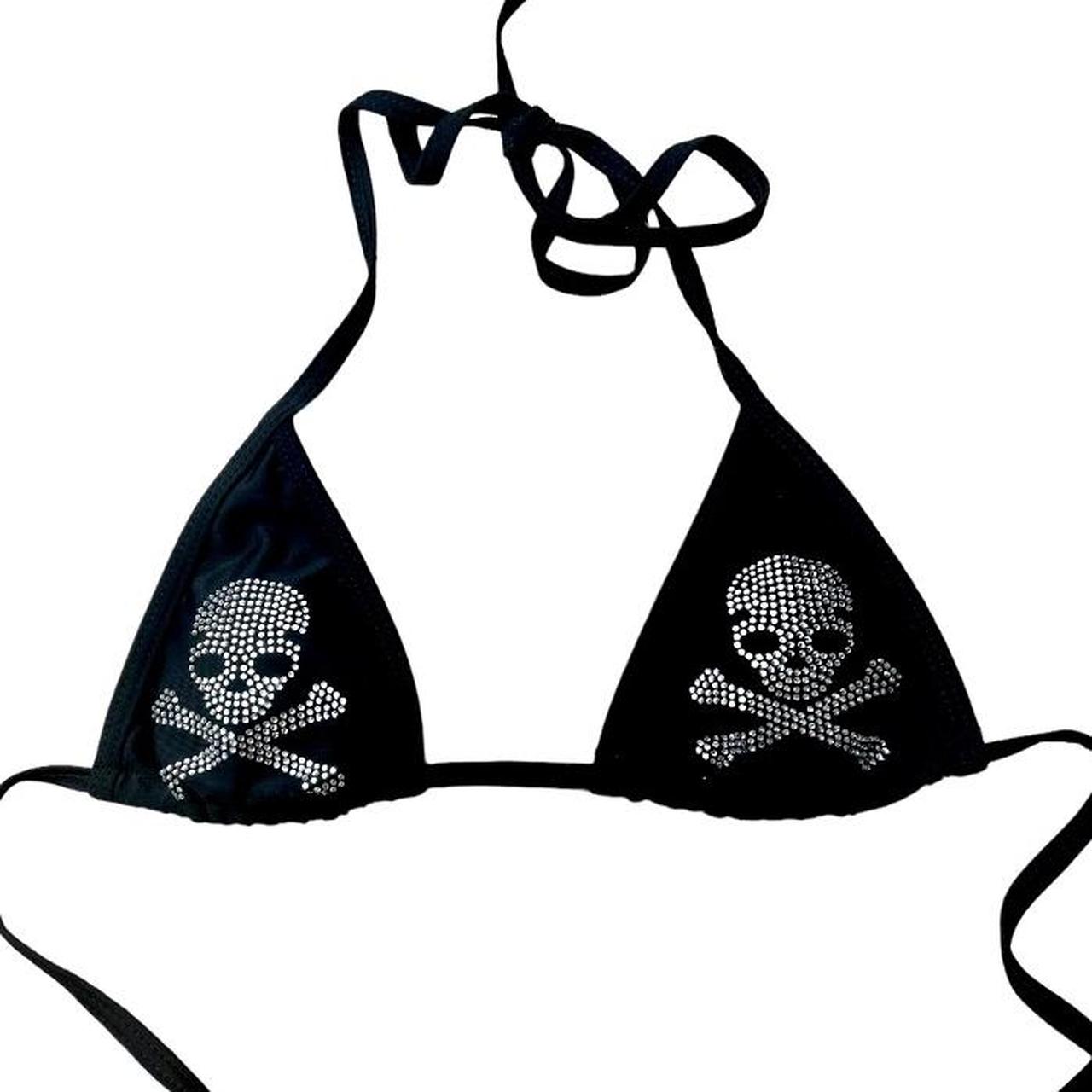 Black with Silver Reinstone Skull Bikini Top -ties... - Depop